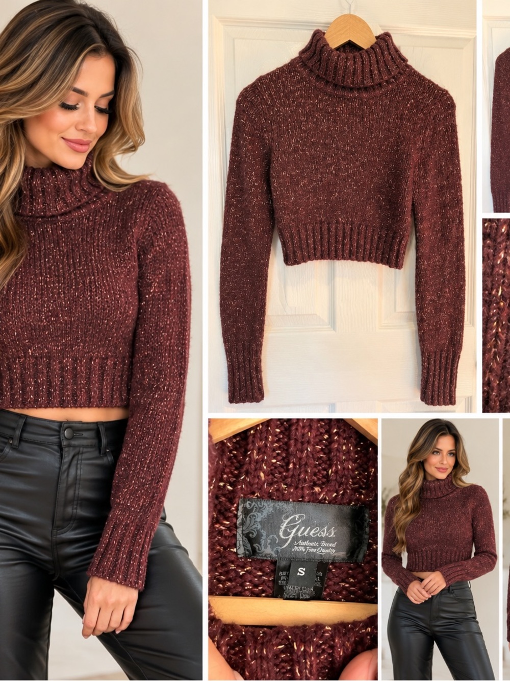 GUESS Women's Burgundy Cropped Turtleneck Sweater